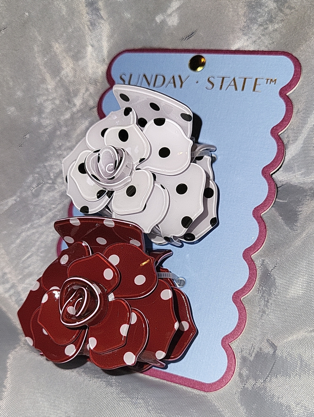 Polka Dot Flower Hair Clips - Cranberry & White Brand New Ls M